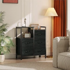 5-Drawer Dresser w/ 2-Tier Shelf – Black Oak Fabric Drawers Closet Organizer