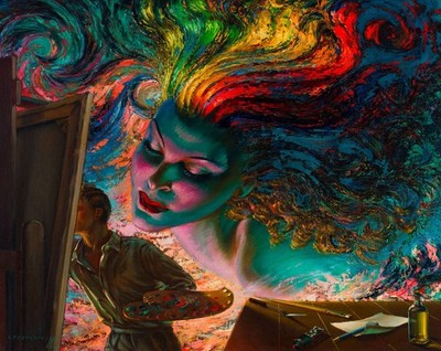 Vladimir Tretchikoff - Selbstporträt mit Muse introspektive Künstlerstudie Mitte CE