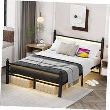 Size Bed Frame with Charging Station  LED Lights, Metal Platform Full Black