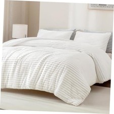 Fluffy Queen Size Comforter Set Fleece Faux Fur Bedding Queen 90"x90" White