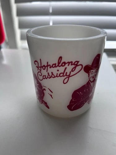 Hopalong Cassidy Childs Mug Cup White Milk Glass Vintage 1950s Cowboy Red Design