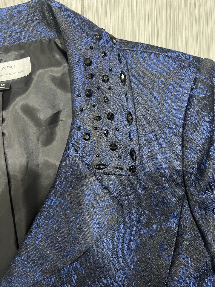 TAHARI BY ASL. TRAJE FALDA AZUL REAL DE LUJO CUENTAS NEGRAS EN CHAQUETA-TALLA 14-¡NUEVO SIN ETIQUETAS! Foto 2 de 4