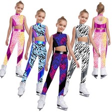 Kids Girls Set Crop Top Outfit Workout Costume Metallic Patchwork Mock Neck Bra