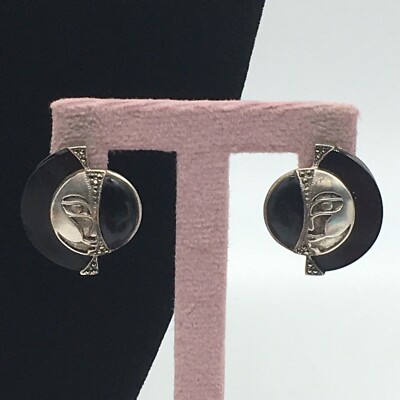 Art Deco Sterling Mond Gesicht Ohrringe Ohrstecker schwarz weiß Finsternis Look Jet 1,25''