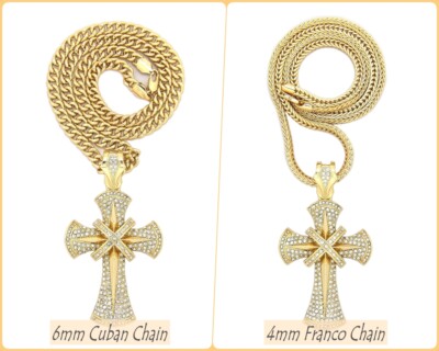 Stone Filled Cross Pendant 4mm, 6mm 18'',20'',24'',30'' Franco, Cuban Chain Necklace