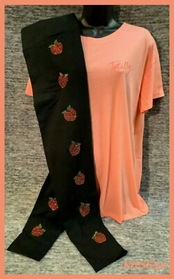 Victoria's Secret Pink GF Tee Shirt + Bling Leggings Set Peach Cosmo Black L NIP