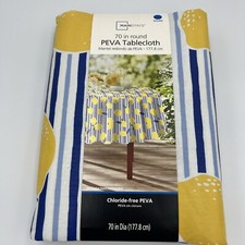 PEVA 70" Round Vinyl Tablecloth - Lemons on Blue Stripes NOS by Mainstays