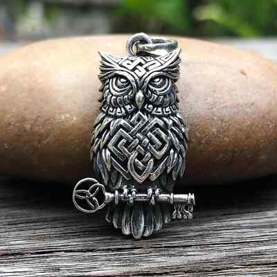 Handcrafted 925 Sterling Silver Owl Viking Endless knot Key Owl Bird Pendant