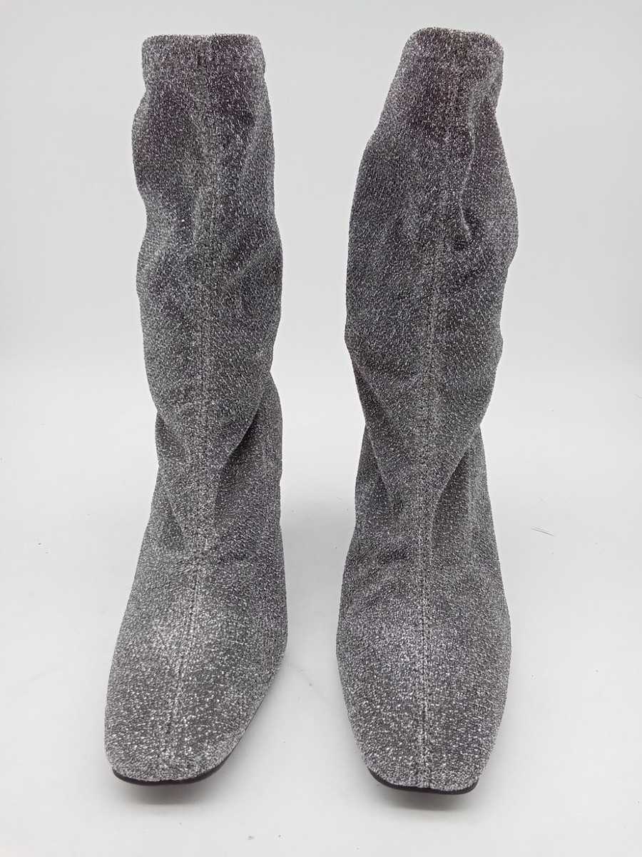 M&S Women's Square Toe Heeled Sock Boots In Sparkly Silver Size NWOT F2
