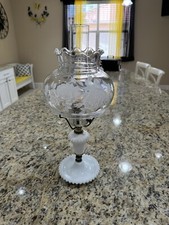 Vintage MILK GLASS Swirl Bedside Table Lamp With Etched Glass 19.5  Works
