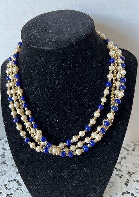 Vintage Napier 4 Strand Faux Pearl, Blue Bead And Gold Bead Necklace 17 In