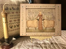 Primitive Woman, Sheep Wool & Flax Folk Art, Handcrafted Plaque / Sign A