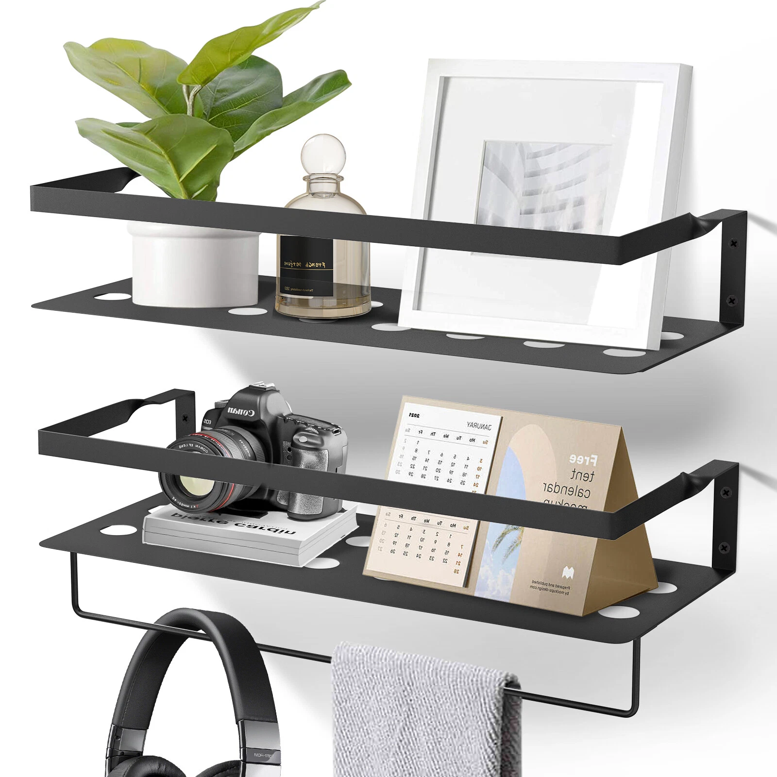 Set of 2 Floating Shelves Wall Mounted Iron Wall Storage Shelves For Home Office