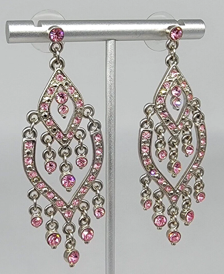 Pendientes araña de diamantes de imitación rosa colgantes tono plata metal postes perforados Foto 4 de 4