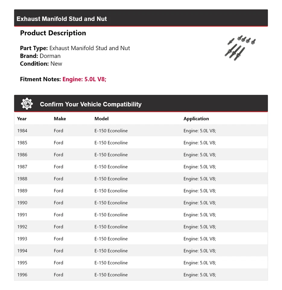 Para Ford E-150 Econoline 1984-1996 5,0 L V8 Dorman colector de escape perno y tuerca Foto 2 de 4