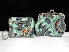 VERA BRADELY GLENNA FAN FLOWERS COIN PURSE & SNAP CLOSE BI-FOLD ID CASE/KEY RING