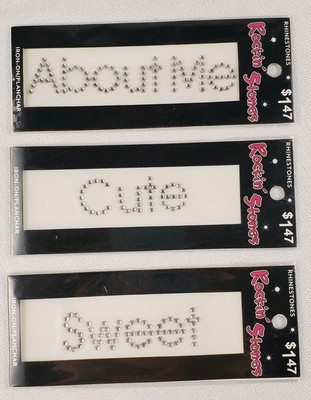 3 Rockin' Stones Rhinestone Iron-on ''Cute'' ''About Me'' ''Sweet'' Appliques Sparkle