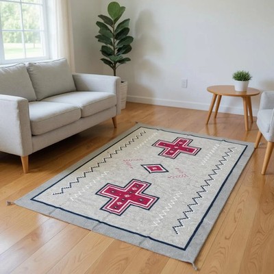 Southwestern Handwoven Wool Flatweave Area Rug | Red Grey Tribal Cross Kilim
