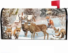 Winter Woodland Animals Mailbox Cover Magnetic, Elk Fox Squirrel Christmas Xmas 