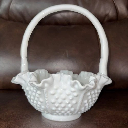 Fenton Hobnail Milk Glass Basket - w/Logo