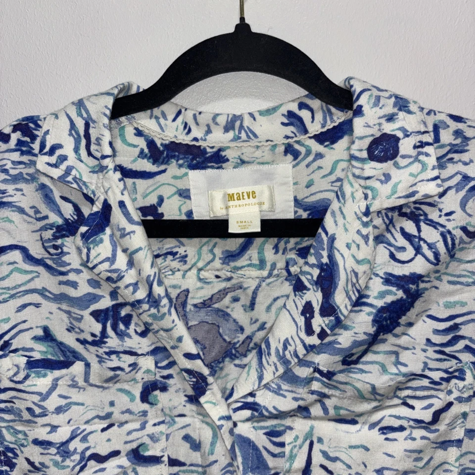 Top Maeve para mujer pequeño azul blanco mezcla de lino surf olas vela playa ballena costera Foto 4 de 4