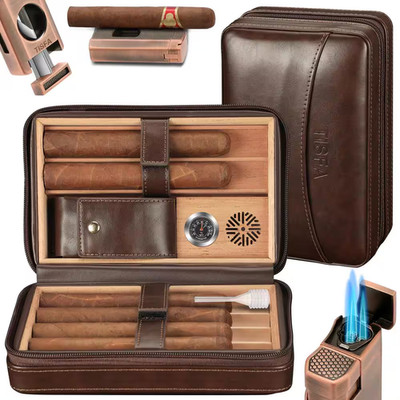 3-In-1 Dark Brown Cigar Humidor, Portable Leather Cedar Wood Cigar Case with Cig