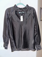 Banana Republic Black Satin Ruffle Neck Blouse Top NWT Size M 80