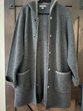Vtg Herman Geist 100% Wool Hooded Coatigan Sweater Jacket L Gray, Button Front