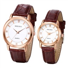 Classic Retro Casual Couples Quartz Wrist Watch Brown PU Leather Strap Watch