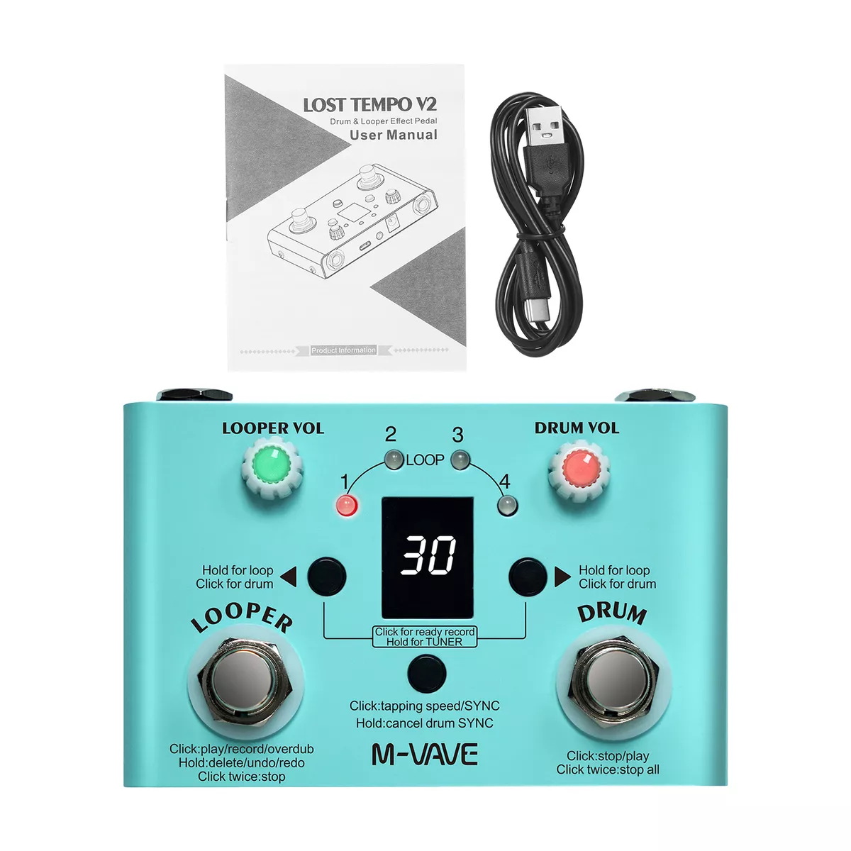 M VAVE Guitar Looper Drum Machine Pedal 30 Drums 4 Loops 11 mins Record A5F3