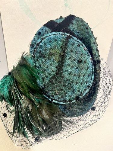 Teal Black Lace Feather Tilt Hat Veil 1 Of A Kind Up Cycled Vintage hand painted - Picture 11 of 13