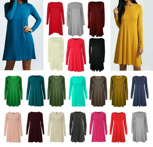 Women Ladies Long Sleeve Swing Dress 