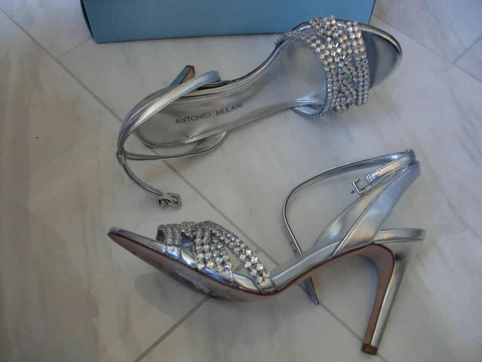 ~ANTONIO MELANI~LYDIA~PLATA~Correa para el tobillo~Cuero Piedras Tacones Sandalias talla 7.5M Foto 2 de 4