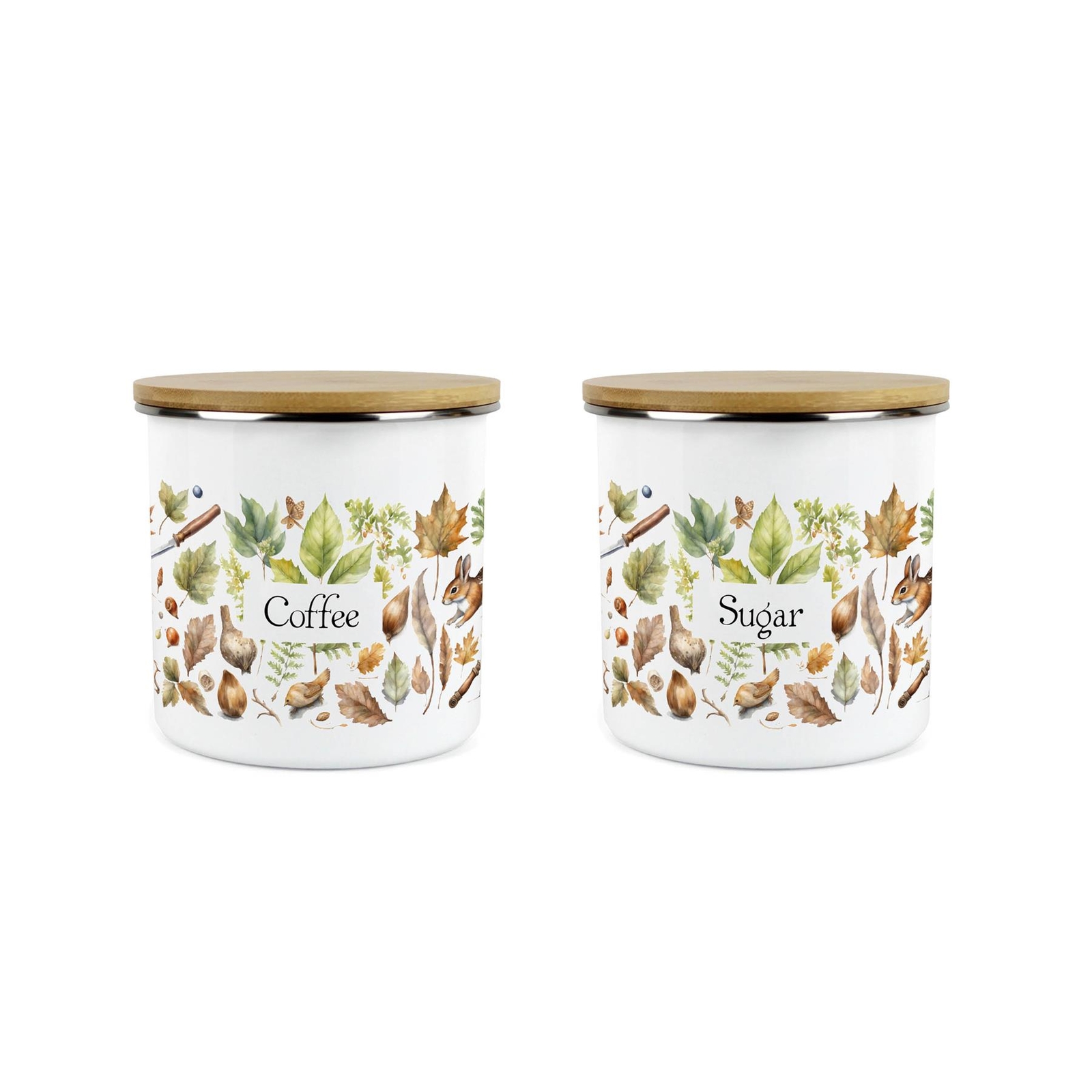 Woodland Forest Coffee & Sugar Canister Set - Enamel Kitchen Storage Jar Gift