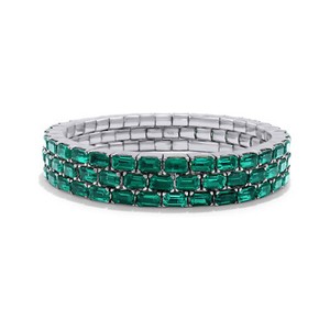 Authentic Three Row Stretchable Tennis Bracelet In 925 Silver Lab Created Emerald Gemstone