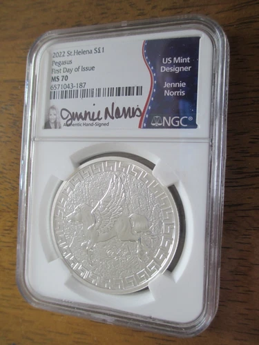 2022 St. Helena Silver Pegasus Jennie Norris Signed First Day Of Issue NGC MS70