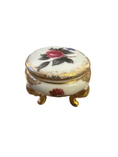 TINY PORCELAIN COVERED TRINKET DISH/PINK FLOWERS/HAND PAINTED/ADORABLE