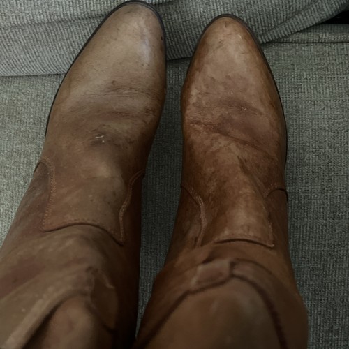 Stivali vintage anni 70 pelle Uruguay tacco impilato 9 M cognac boho al ginocchio - Foto 13 di 13