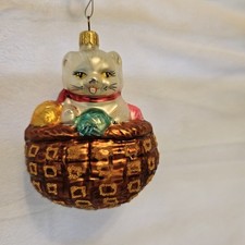 Vintage Christopher Radko Kitten In Basket Christmas Ornament. Comes In Box.