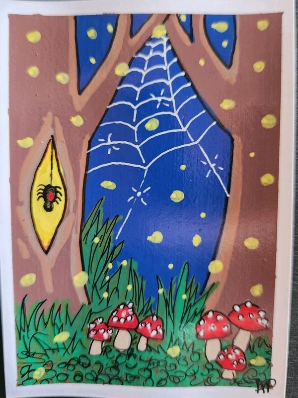 ACEO Original Black Widow Spiderweb Mushrooms Painting Miniature Art  Signed ATC
