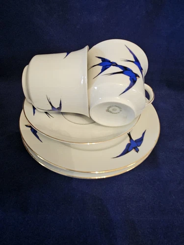 Blue Bird China 2 tazas de té, platillo, 2 platos laterales Checoslovaquia dorado años 30 - Imagen 12 de 14