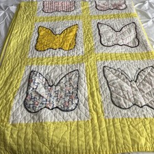 VTG Handmade Quilt Butterfly Appliqu 96 X 70 Light Yellow Frame - READ