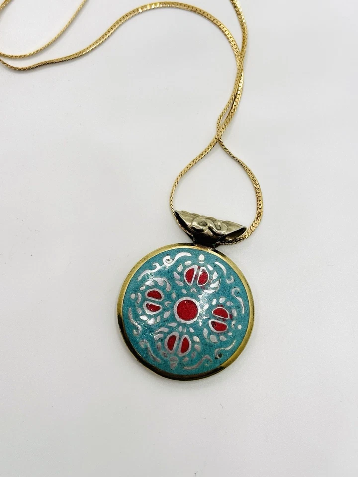 Symbolic Double-Sided Inlay Nepal Amulet Buddha Kathmandu Pendant Necklace - Image 4 of 4