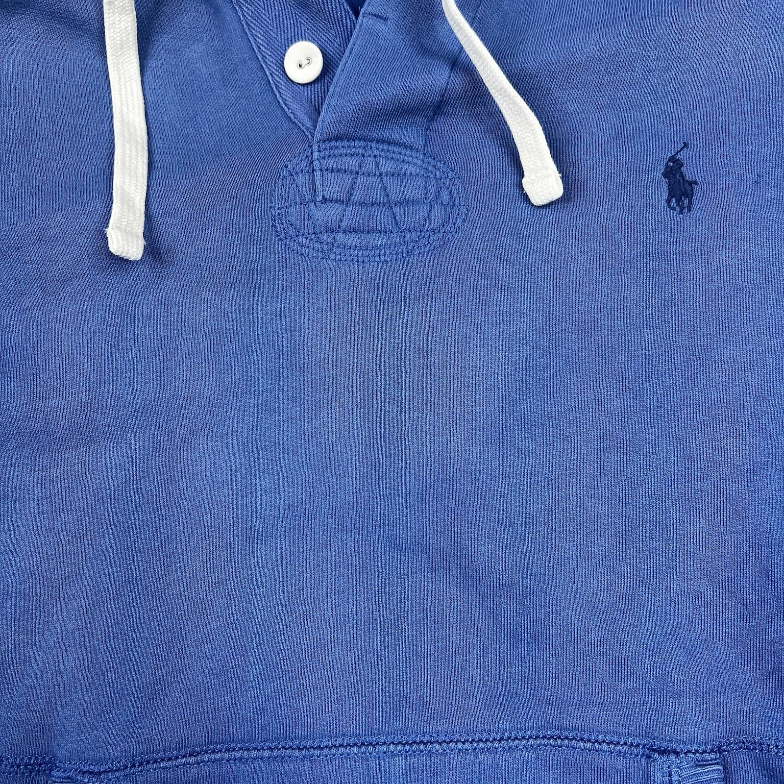 Vintage Polo Ralph Lauren felpa con cappuccio uomo blu medio rugby toppa gomito Henley Pony
