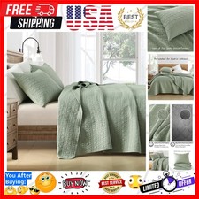 Quilt Set King Size Sage Green, Classic Geometric Spots Stitched Pattern, Pre...
