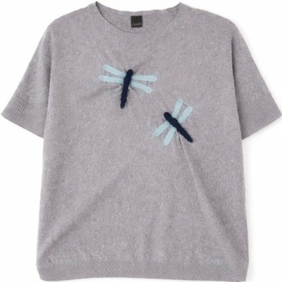 Aaeda Gray Dragonfly Top Womens ShortSleeve Knit Blouse Soft Casual