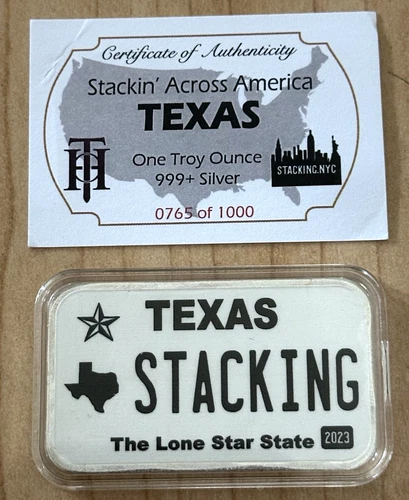 1 oz Silver Bullion Bar TEXAS License Plate Logo Stacking Across America COA