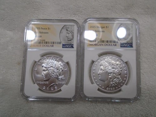 2025 $1 Morgan and Peace Silver Dollar 2pc Set NGC MS69 FR Morgan & Peace