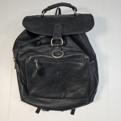 FRYE Black Leather Backpack Drawstring Flap Closure - Picture 1 of 11