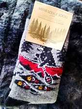 LEGALE Men's Lodge Socks 2 Pack Grey & Black with Bear Canoe Size 8-12 Slipper